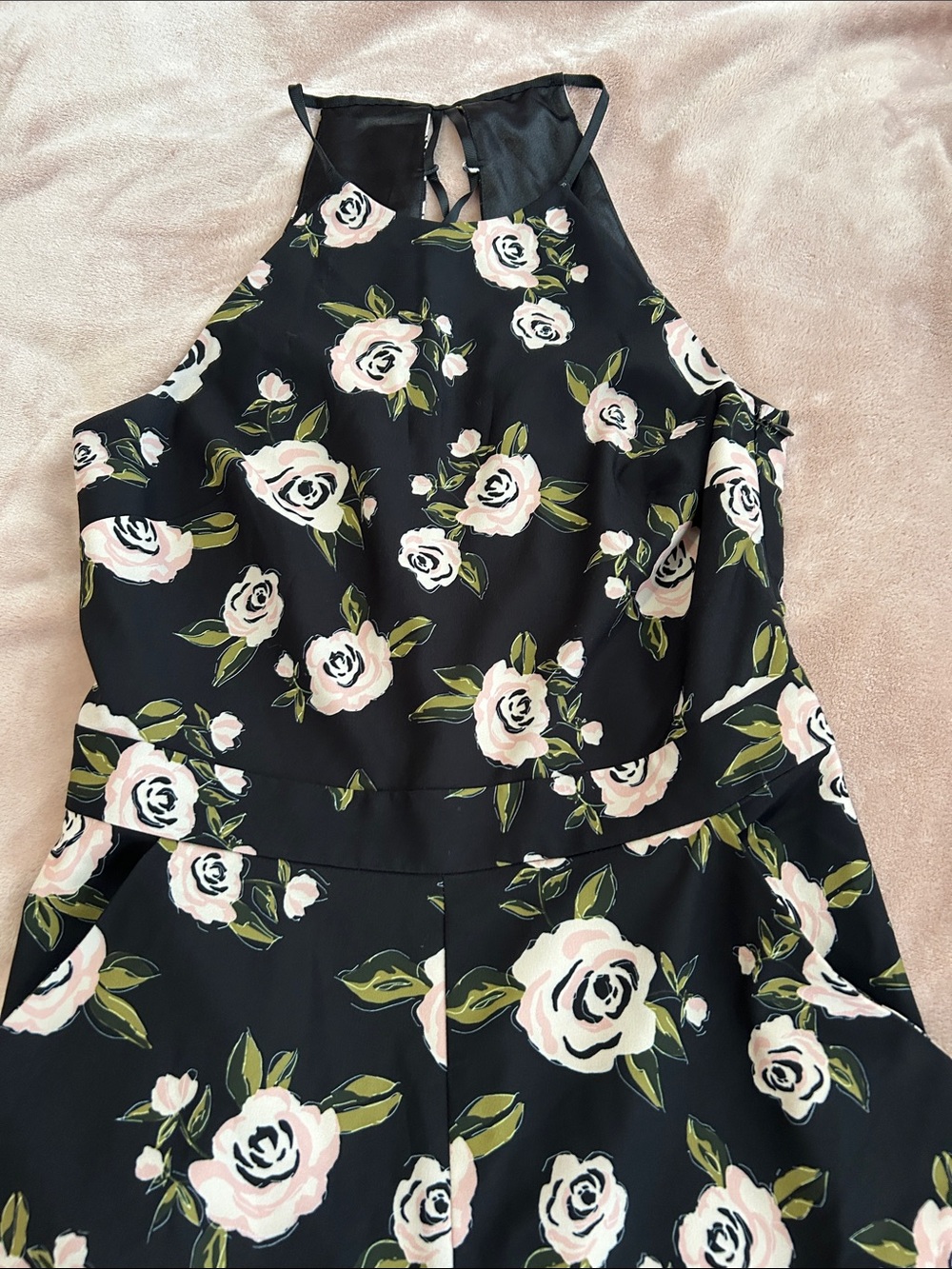 bebe Black Halter Floral Jumpsuit with Pink Roses